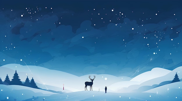 Santa and Deer on Snow of Minimalist Background