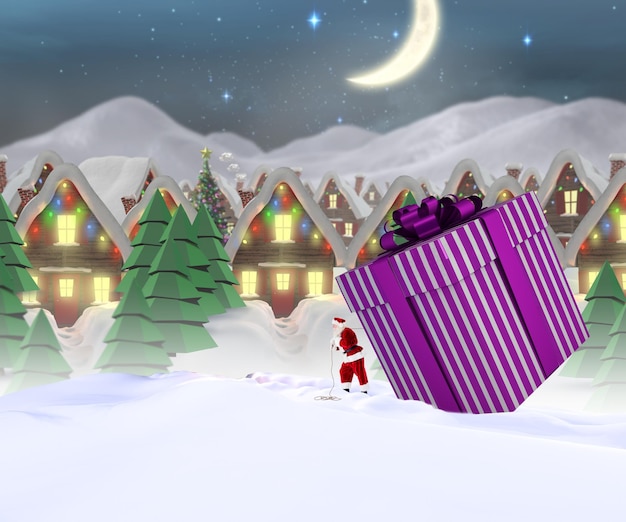 Santa delivering large gift against quaint town with bright moon