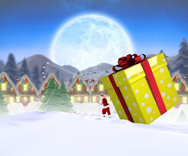 Santa delivering large gift against quaint town with bright moon