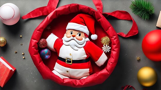 A santa doll is in a red bag with a red ribbon.