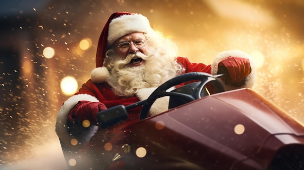 Santa driving car too fast in a rough weather drifting Christmas concept Generative AI