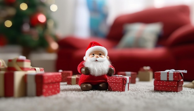 A santa figurine sits on the floor surrounded by presents.