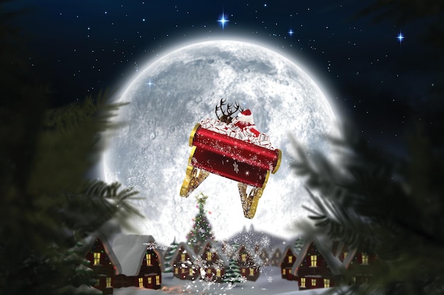 満月の下でクリスマスの村に対してそりを飛んでいるサンタ