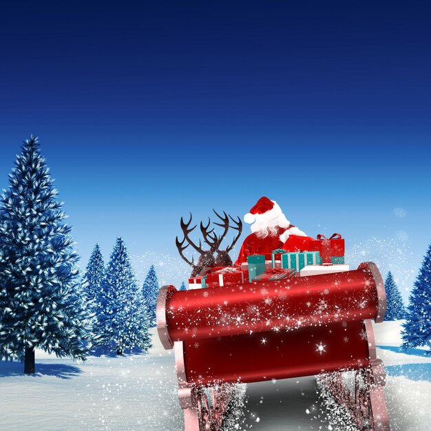 Santa flying his sleigh against snowy landscape with fir trees