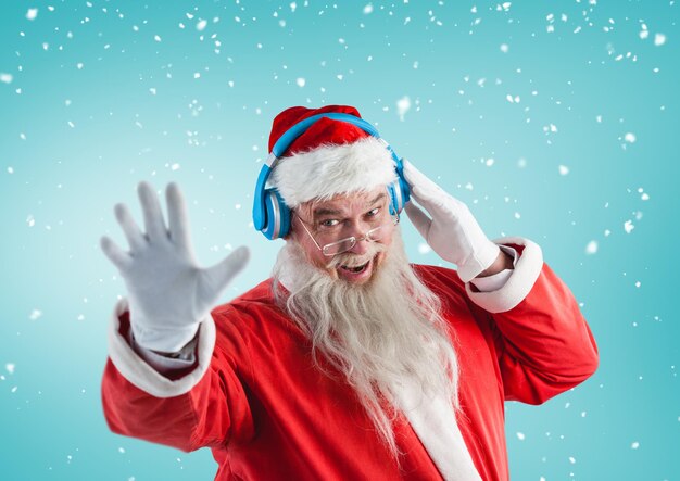 Santa gesturing while listening music on headphones