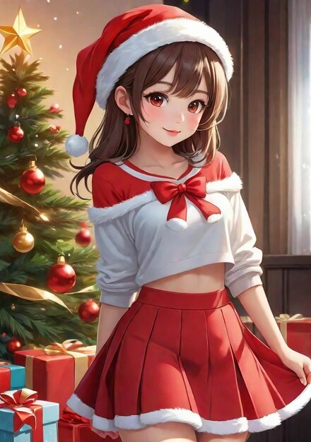 Santa girl wearing christmas dress anime