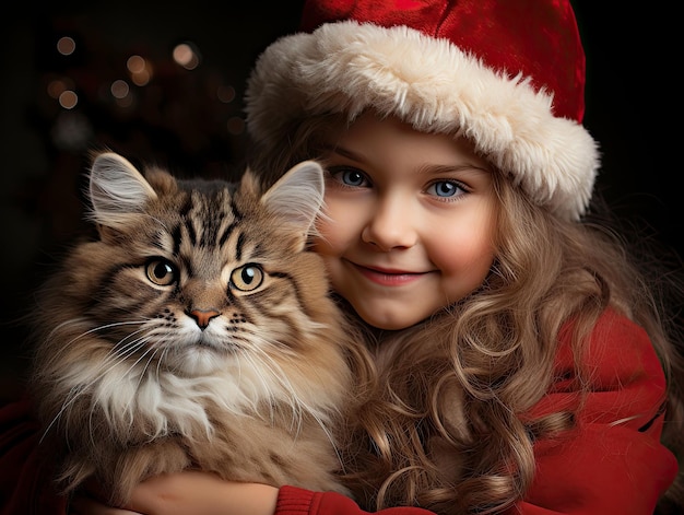 暗い背景の小さな猫を持つサンタガール クリスマスカードコンセプト デジタルイラスト