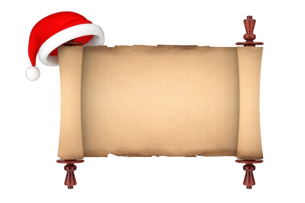 Santa Hat over Blank Old Paper Scroll Parchment Mockup on a white background. 3d Rendering