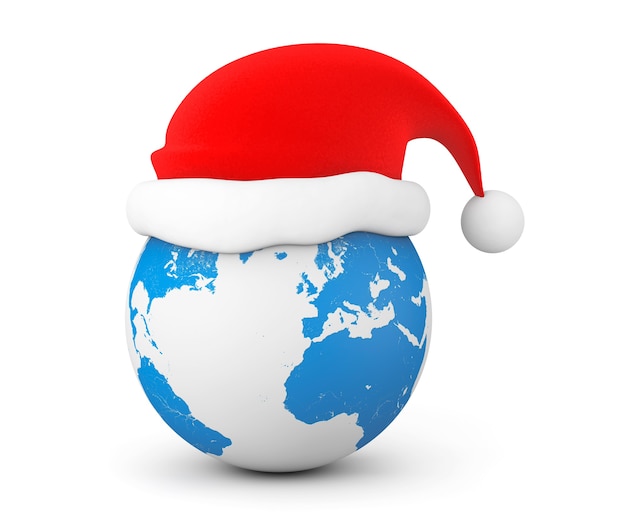 Шляпа Санта-Клауса над земным шаром на белом фоне