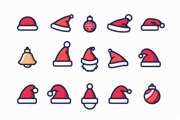 산타 모자 아이콘 크리스마스 모자 산타클로스 모자 은 휴가 의상 상징 Xmas 모자 평평한 표지판 색