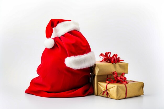 Шапка Санта сидит рядом с кучей подарков на белой поверхности Генеративный ИИ