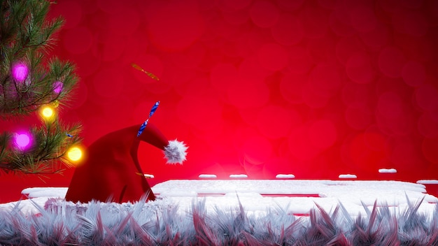 빨간색 테마, 3d 그림 렌더링에 christmast 나무와 산타 모자