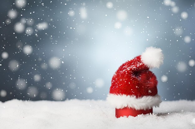 Santa hat with a white pompom on a snowy background