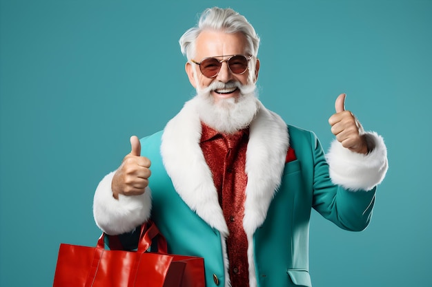 Santa Holding a Bag and Making the ThumbUp Gesture with His Hand