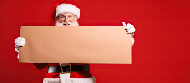 Photo santa holding banner with blank space on red background