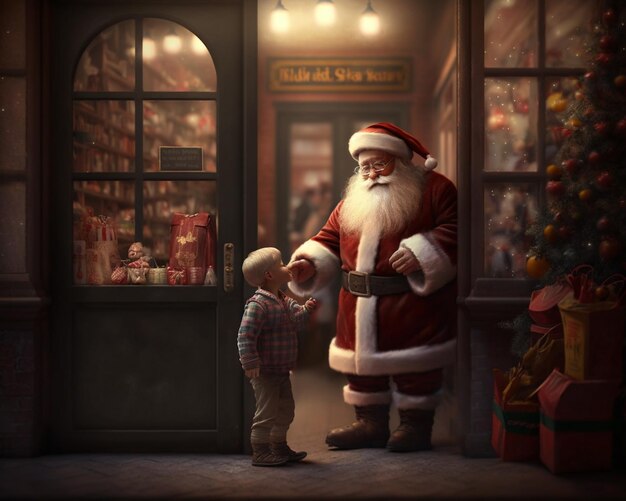 A santa is giving a gift to a boy.