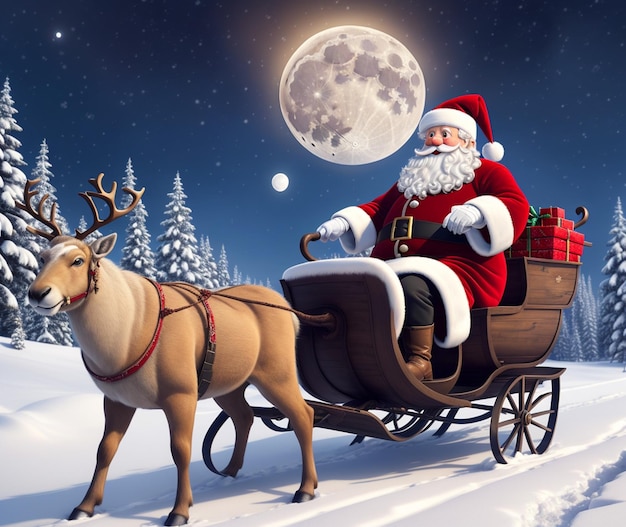 A santa is pulling a sleigh with a full moon behind him