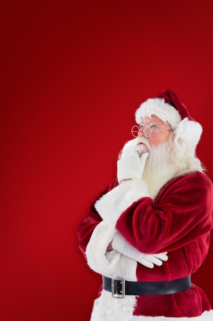 Santa is thinking about something against red background