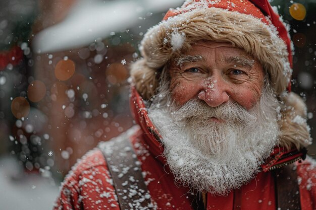 Santa is walking down a city street with gifts winter snow holiday decorations