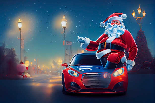 Foto babbo natale su un'auto con regali illustrazione delle vacanze di natale per cartoline pubblicitarie e cartoni animati