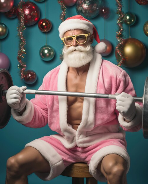 Foto babbo natale solleva pesi in palestra silenziato pastello schiena rosa brillante festa di palloncino foto iconica del 2023