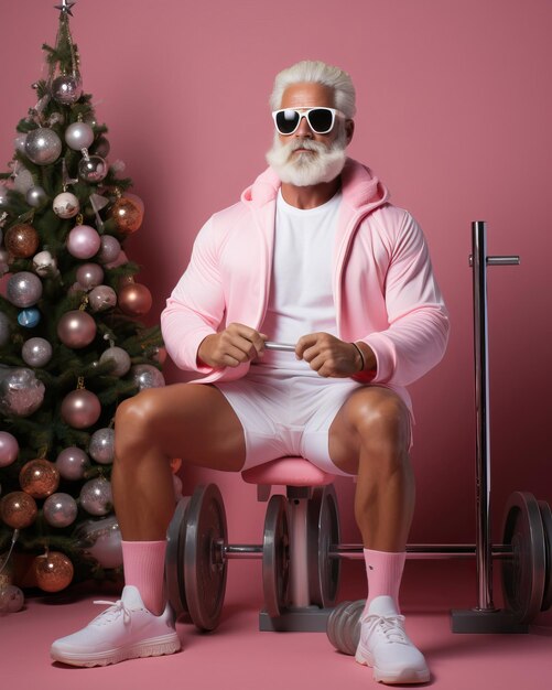 Foto babbo natale solleva pesi in palestra silenziato pastello schiena rosa brillante festa di palloncino foto iconica del 2023
