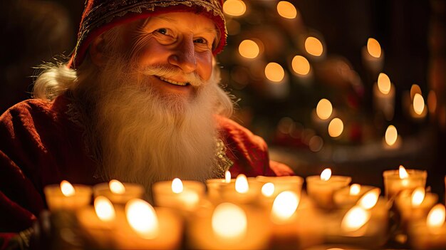 Santa lighting candles on an advent wreath filling the room with warm soft glow