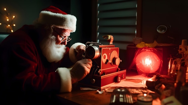 Santa looking at a camera with a red light on it
