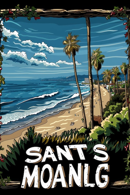 Foto uno slogan di calligrafia di santa monica con vista di palm beach in una cornice quadrata è illustrato su uno sfondo nero con vettori