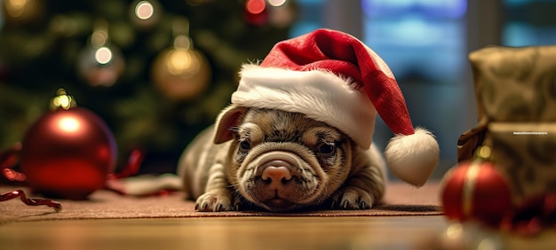 Santa pig by Christmas tree