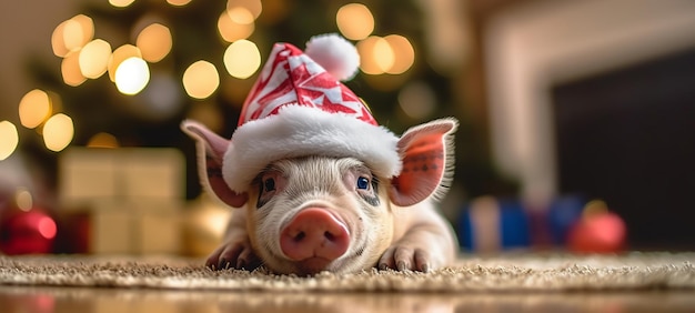 Santa pig by Christmas tree