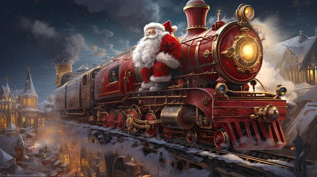산타는 기묘한 꿈의 풍경에서 증기 기관차를 조종합니다.
