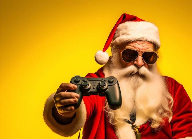 Santa playing game pc game gaming console christmas gifts computer games golden particles