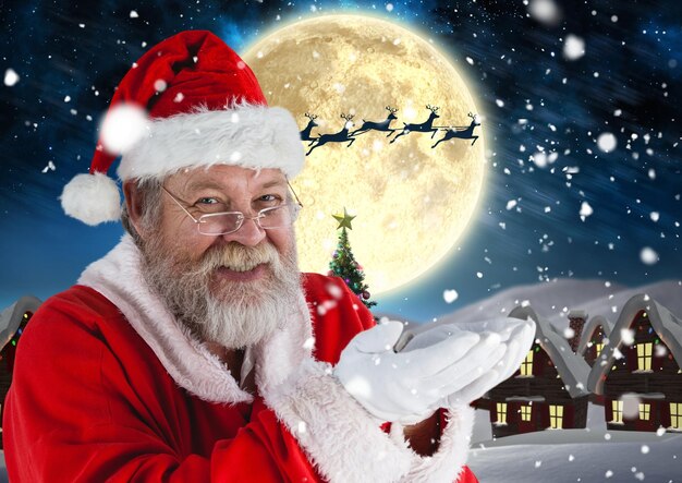 Santa pretending to hold digital generated snow