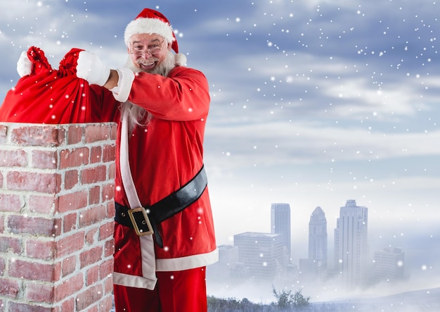 Santa removing gift sack from chimney