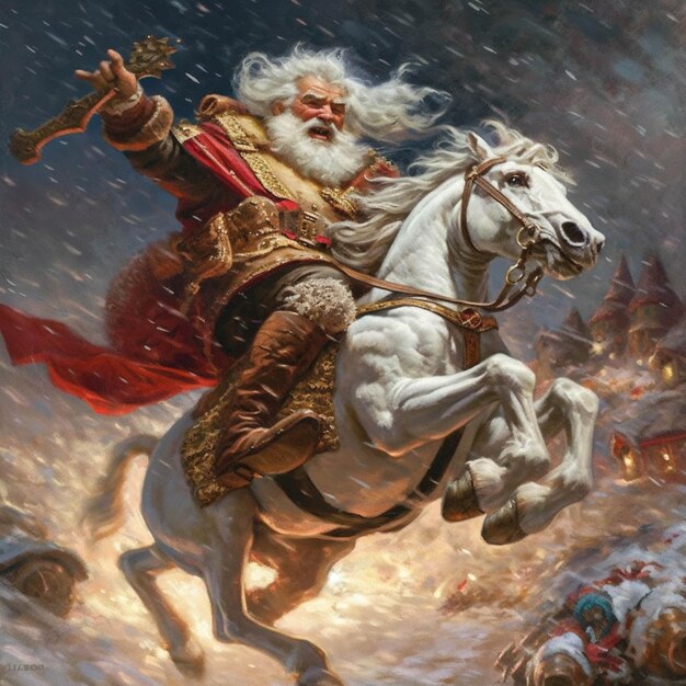 Premium AI Image | Santa riding a horse dramatic background