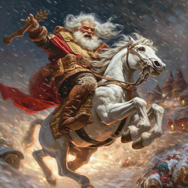 Santa riding a horse dramatic background