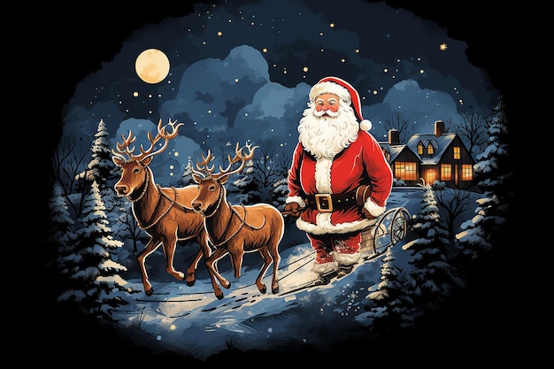 Santa riding reindeer in snow cartoon vector illustration