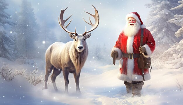Santa and Rudolph in a beautiful snowscape winter wonderland
