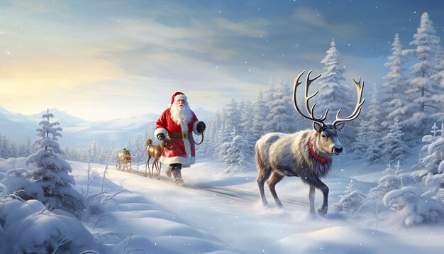 Santa and rudolph in a beautiful snowscape winter wonderland