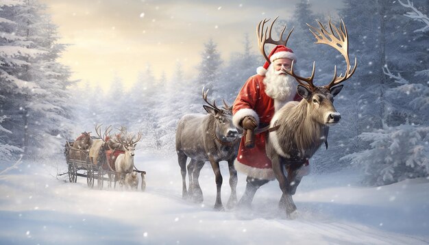 Santa and Rudolph in a beautiful snowscape winter wonderland