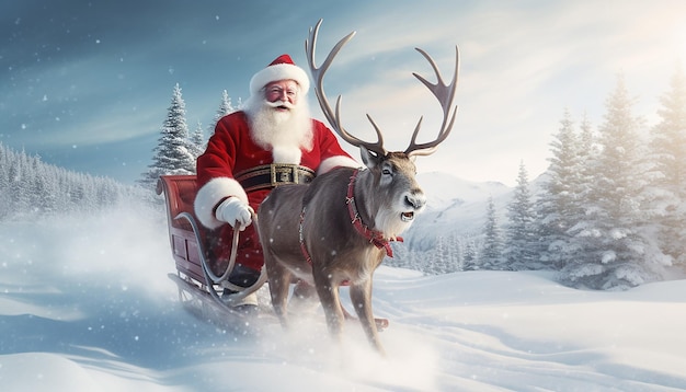 Santa and Rudolph in a beautiful snowscape winter wonderland