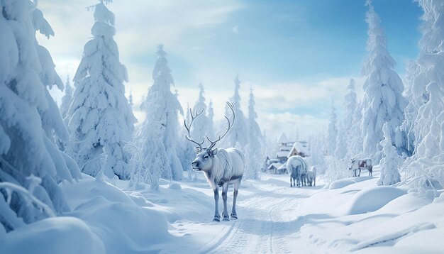 Santa and rudolph in a beautiful snowscape winter wonderland