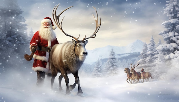 Santa and Rudolph in a beautiful snowscape winter wonderland