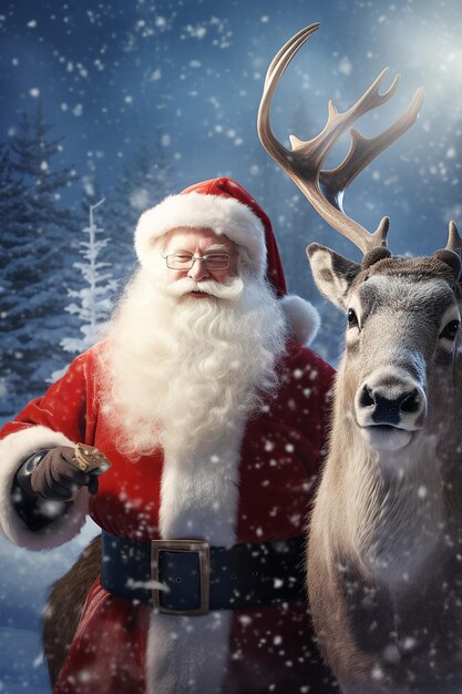 Photo santa and rudolph in a beautiful snowscape winter wonderland