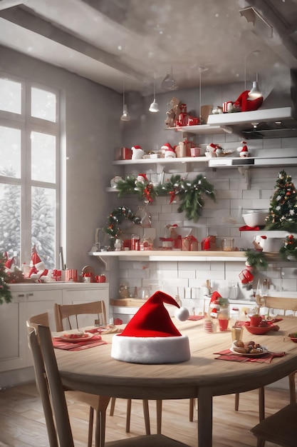 Premium AI Image | Santa\'s hat on top of a table in a kitchen ...