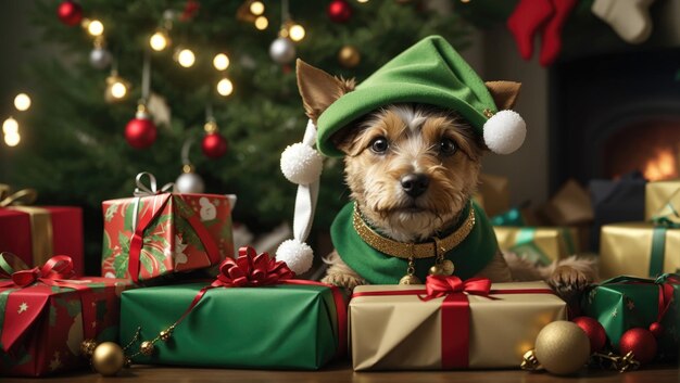 Santa's little helper adorable dog in a festive hat