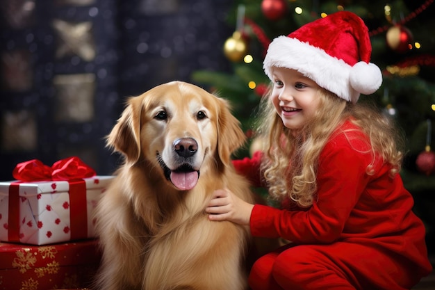 Santa's little helper girl Golden Retriever and gifts by the tree