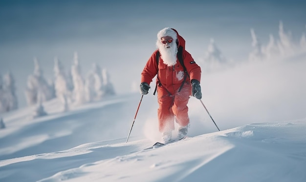 Santa's Rush Jolly Santa Claus Skiing on Snow in a Red Suit Niet echt persoon Generatieve AI
