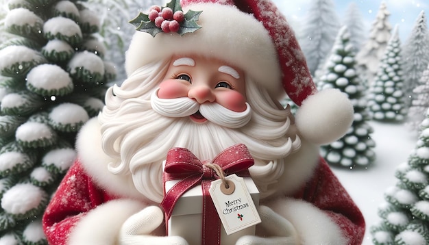 写真 サンタの特別配達はメリークリスマスタグが付いたプレゼントを持っています